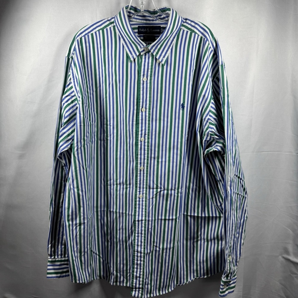 Ralph Lauren Shirt Men's 2XL  Custom Cotton Striped LS Blue Green Button Up Pony